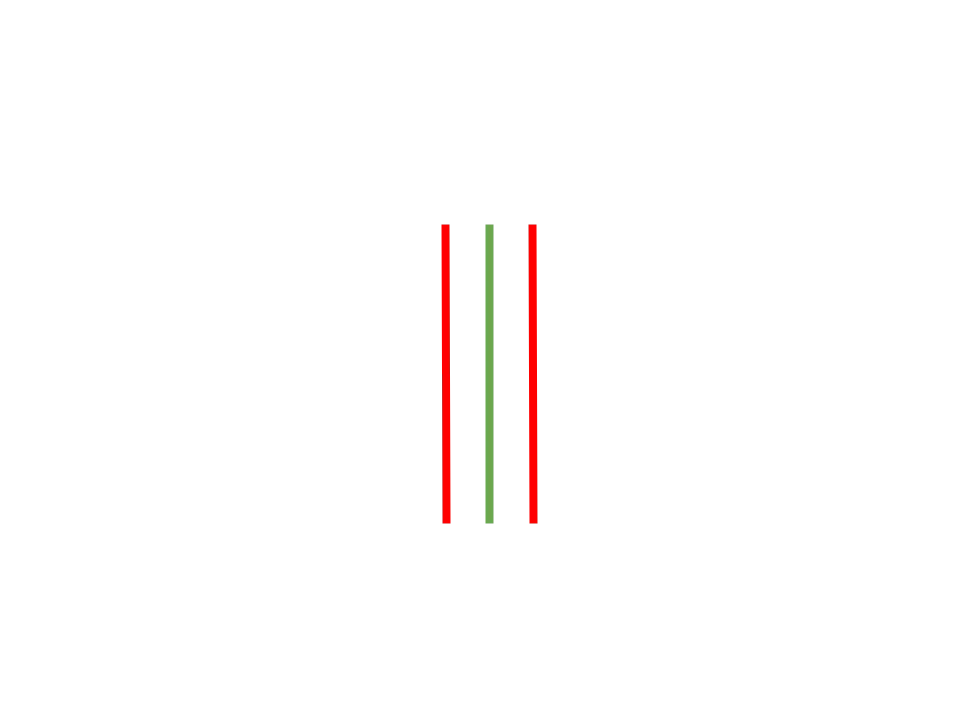 Diagram of three piano strings: the middle string in tune (green) flanked by two strings shown below pitch (red)