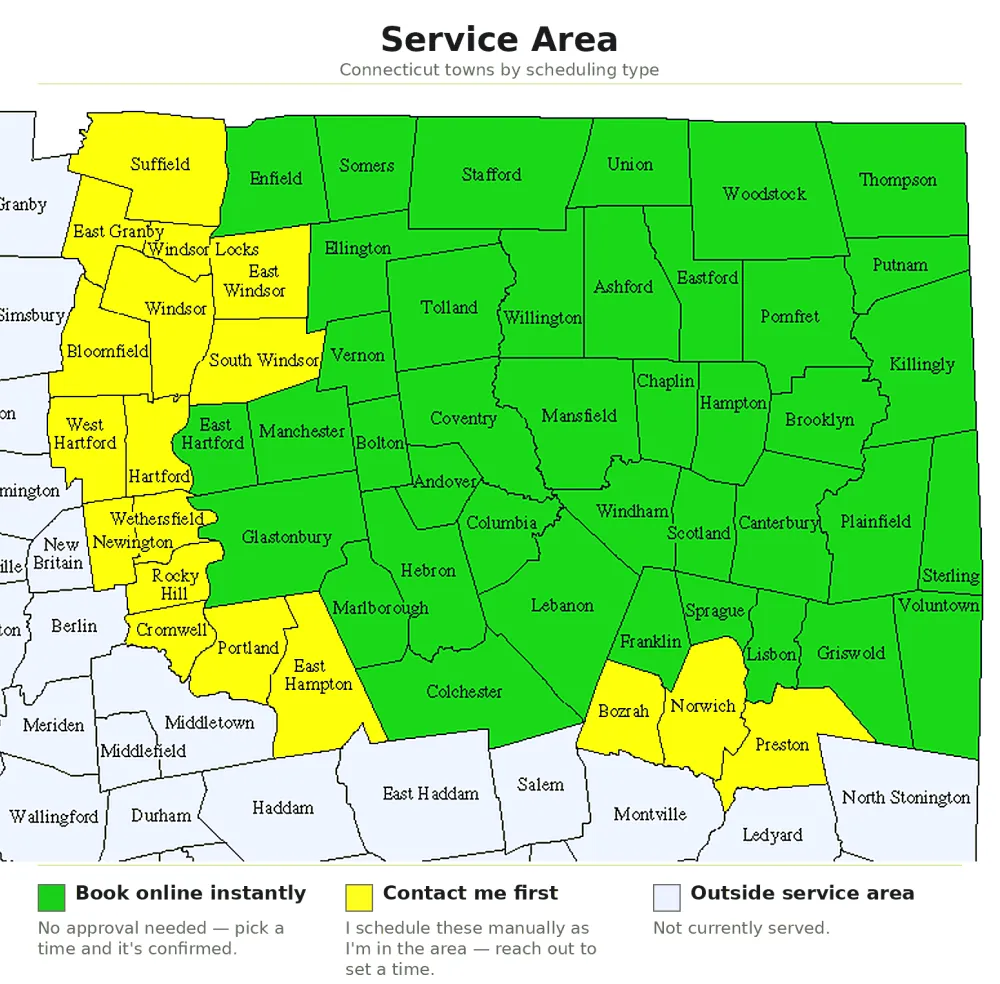 Map of Bear Hill Piano Services' Connecticut service area by scheduling type